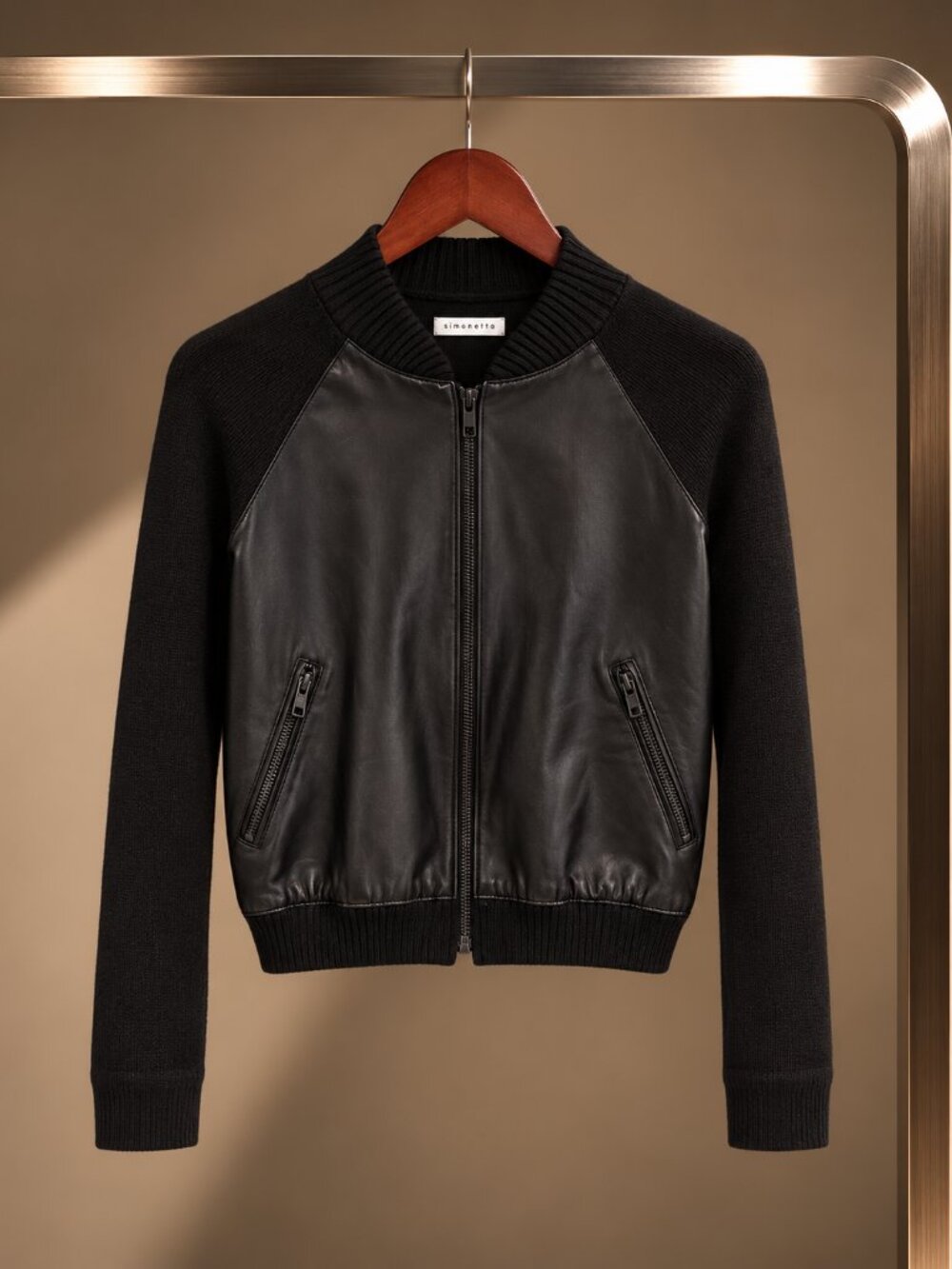 susana monaco Lamb Leather Front Knit Bomber Jacket Merino Blend Black XS